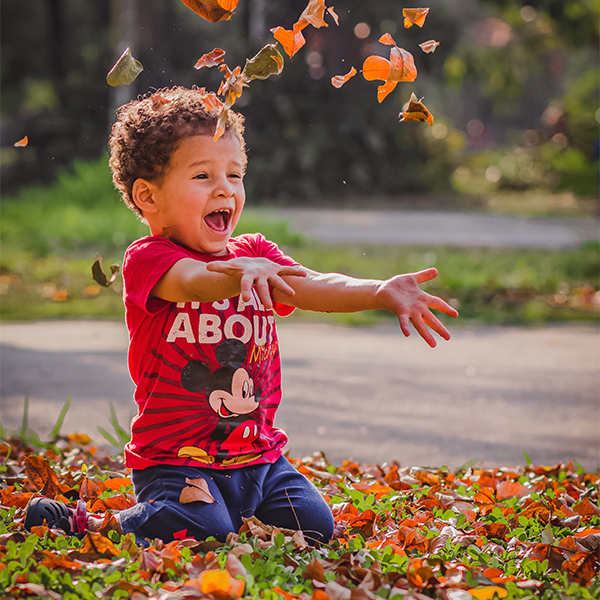 Boy playing with leaves